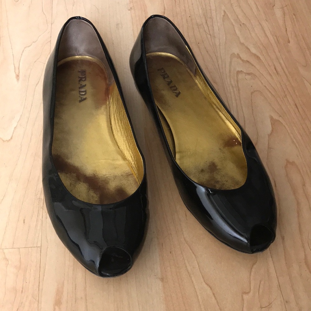 Black Leather Prada Open Toe Flats.